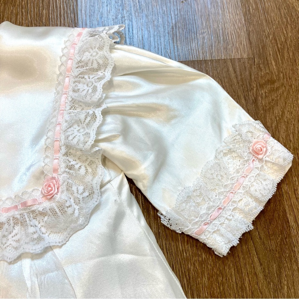 Little Girls Christening Gown Cover & Bonnet with Lace Trim Pink Rose Accents - Picture 8 of 14